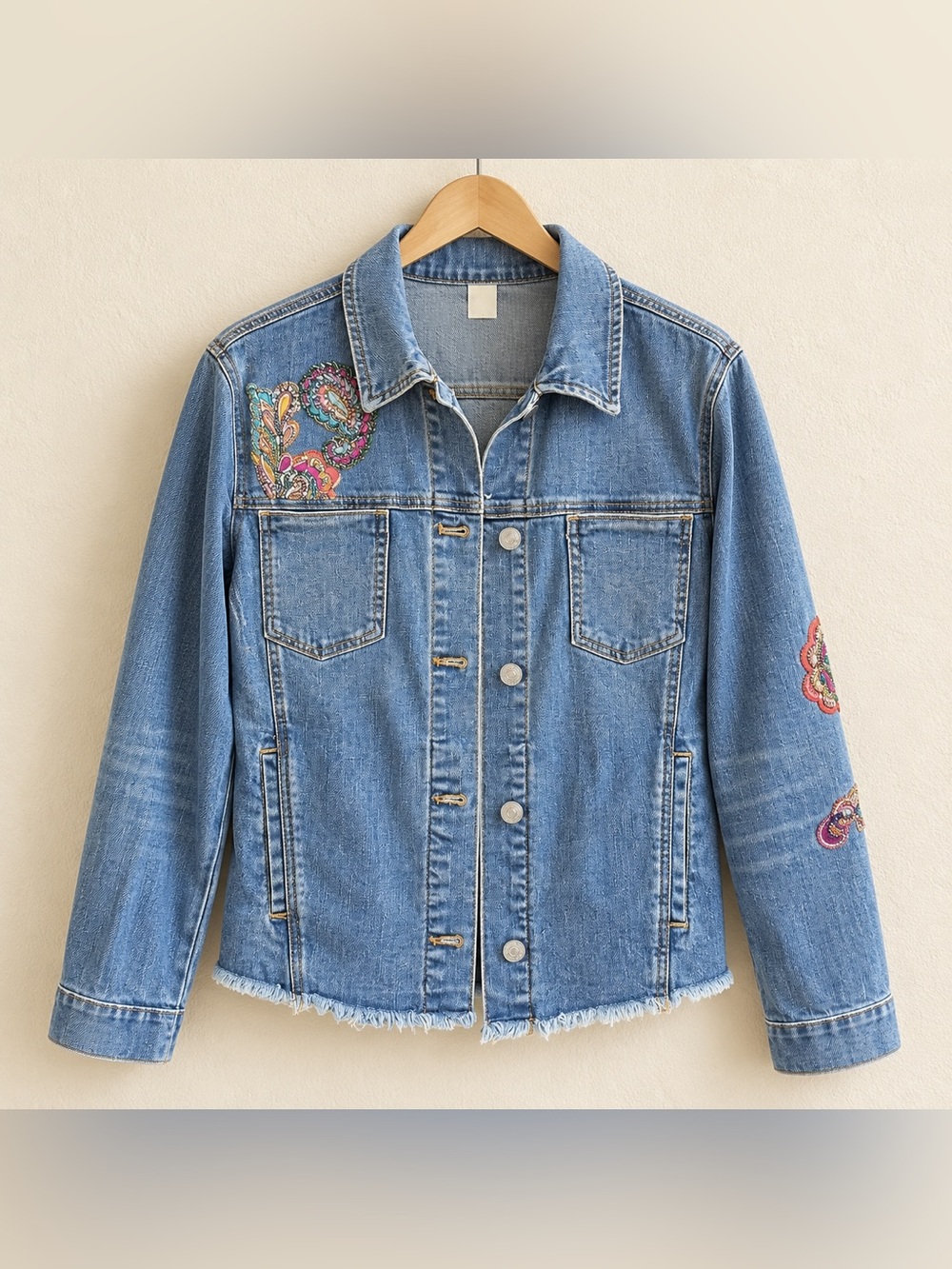Chico’s Paisley Embellished Stretch Denim Jacket Size 2 US 12